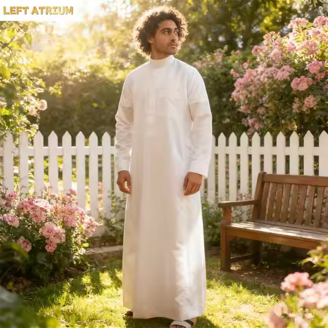 Men Robe Pocket Dubai Abaya Arab Middle East Qatar Collar Muslim Prayer Dress Jubba Thobe Kaftan Daf