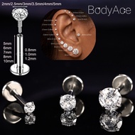 Bodyace 1 Pc 316L Stainless Steel Earring 16G/18G/20G Ear Piercing 2/2.5/3/3.5/4/5mm Crystal Stud Ea