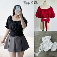 Women's shirt with big size, puff sleeves, square neck, bow tie at the back, 50-95kg silk twill fabr