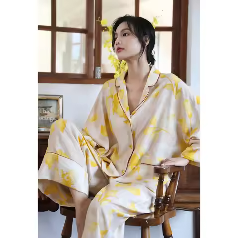 High Quality Luxury Satin Women's Pajamas Set Fashion Leaves Print Sleepwear Silk Like Leisure Homew