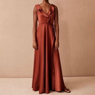 BHLDN Rust Orange Satin Ruffle Wrap Maxi Dress
