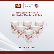 Vantage Fine Porcelain Ivory Rose (F48) 6pcs Amber Mug Set With Gold Lining
