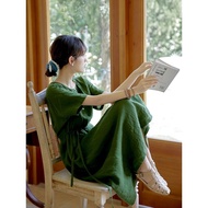 France Imported Linen Summer Dress - Retro Green Slim Fit