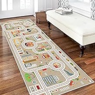 Kids Car Train Rug, 2'6" x 8' Boys Play Carpet, Floor Mat Playmat for Playroom Bedroom Kids Toddler 