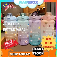 READY STOCK RAINBOX🌈 2000ML Stickers Water Bottle Straw Portable Cute Bottle for Outdoor Travel Kett