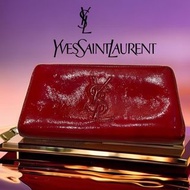🎉 YSL聖羅蘭| Yves Saint Laurent紅色漆皮YSL字母縫線拉鍊長夾#二手