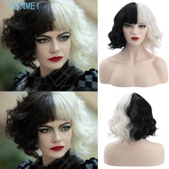 QINMEI Cruella De Vil Wig Invisible DIY Natural Half Black Half Milk White Curly Short Small Wavy Vi