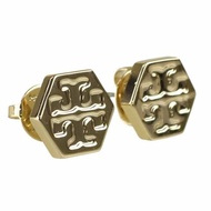 快速出貨！【TORY BURCH】六角形壓印雙T-LOGO造型耳環-金色