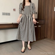 0HUD [Fast Shipping]Real Shot Summer New Plus Size Women's Retro Vertical Striped Dress Puff Sleeve 