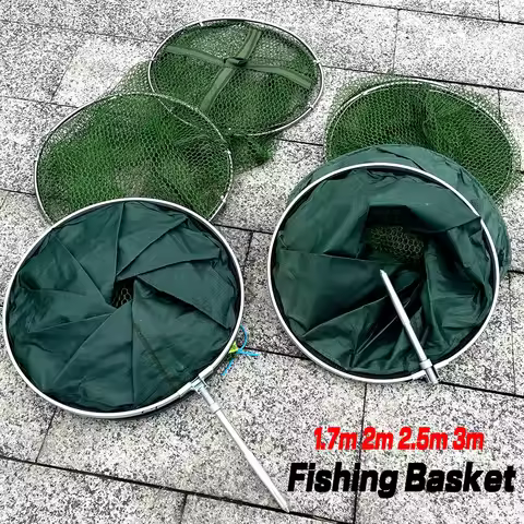 1.7-3m Folding Telescopic Nylon Fishing Net Fishing Basket Immersion Net Fyke Net Shrimp Cage Outdoo