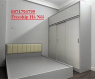 Combo Giường 2mx2m kèm đệm da đầu giường và Tủ quần áo cửa lùa 2m x 2m5 x 55cm- 3 cánh