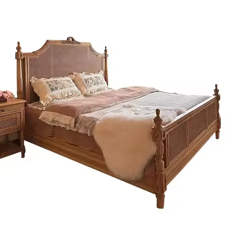 Hepburn 1.8m Retro Carved Double Bed Solid Wood Rattan French Style King Size Soft Bed for HomeStay 