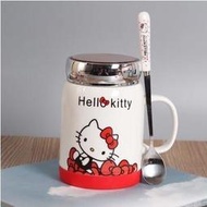 【上品居家生活】寬版紅 Hello Kitty 凱蒂貓 創意鏡面蓋 卡通風格陶瓷杯帶小湯匙/小勺子 (420ml)