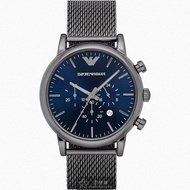ARMANI手錶，編號AR00056，44mm黑圓形精鋼錶殼，寶藍色三眼， 中三針顯示錶面，鐵灰色米蘭錶帶款_廠商直送