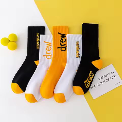 Drew House Smiley Letter Print Mid‑Calf Socks, Unisex Hip‑Hop Casual Sports Socks Perfect for Clogs 