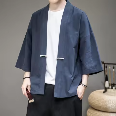 Men Cotton Linen Jacket China Style Kongfu Coat Male Loose Kimono Cardigan Overcoat Open Stitch Coat