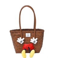 Cartoon Hand-woven Bag Womens Beach Vacation Style Large Capacity Shoulder Bag Holder Lunch Box Bent