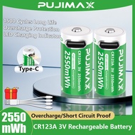 PUJIMAX 3V CR123A Rechargeable Lithium Battery 2550mWh Type-C Fast Charging Overcharge Protection