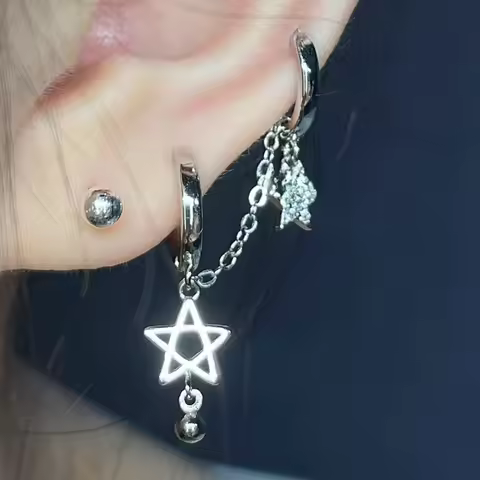 1PCS Silver Star Chain Double Ear Hole Earrings 316L Stainless Steel Ear Bone Nail Y2K Fashion Hotti