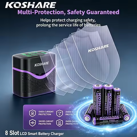 KOSHARE 1.5V AA AAA Li-ion Rehcargeable Batteries 4255mWh 1100mWh Lithiu-ion Battery With 8 Slot LCD