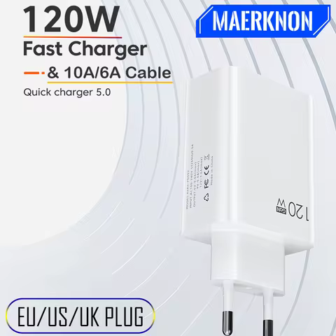 120W GaN USB Charger 10A/6A Fast Charging 1M Cable QC 3.0 Mobile Phone Charger EU/US/UK Plug For iPh