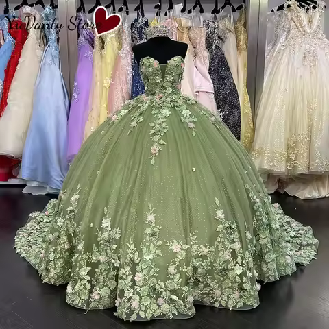 Strapless 3D Flower Quinceanera Dresses with Train Quince Dress 15 Dresses Princess Lace Appliques B