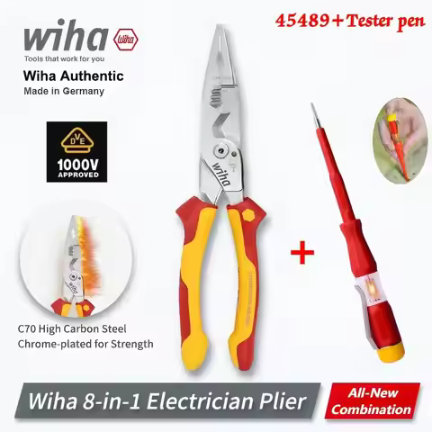WIHA 45489 8-in-1 Insulated 1000V VDE Pliers - Pro Electrician Wire Stripper Crimper Cutter + Free T