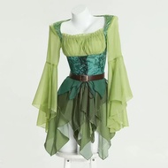 Medieval Elf Fantasy Dress Green Fairy Gown with Wings Halloween Cosplay Costume Enchanted Forest Ou