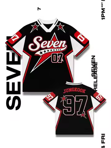 Black Red Star Mesh Jersey JUNGKOOK 97 Seven 07 Lightning Print V Neck Oversized Breathable Kpop Fan