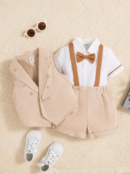 SHEIN 4入組嬰兒男童禮服風襯衫套裝,小蝴蝶結,立領,短褲和帶吊帶的馬甲