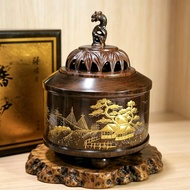 🇯🇵日本高肉堆金蒔繪山水木製香爐｜立體堆金蒔繪+嵌螺鈿雙工藝｜中古收藏品| 附原盒｜薰香爐 | Vintage Japanese Lacquer Koro Hardwood Maki-e Incens