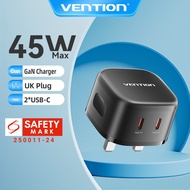 Vention 45W GaN Charger UK Plug Charging Adapter 2 Type C Ports QC3.0 PD 3.0 Type C Fast Charger