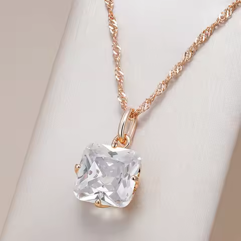 Kinel Hot Big Square Pendant Necklace For Women Fashion 585 Rose Gold Color Shiny White Natural Zirc