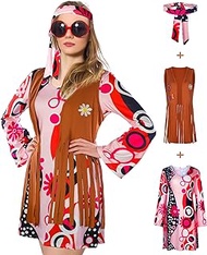 Women Hippie Costume 70's Pink Dress Disco Outfit Set Women Tassel Vest and Headband Costume for Lady Cosplay Halloween Party