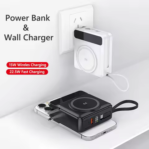 15000mAh Magnetic Wireless Power Bank with Wall Charger Plug 22.5W Fast Charging Portable Charger fo