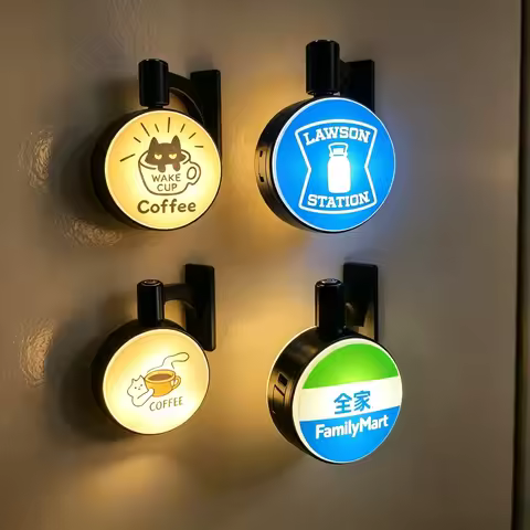 Rotatable LED Luminous Fridge Magnet, Cat Coffee FamilyMart Lawson Mini Light Sign, Home Kitchen Wal