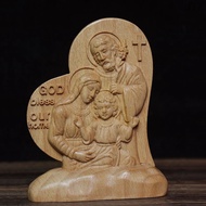 Catholic Holy Family Statue Virgin Joseph Jesus Wood Carving Icon Bedroom Living Room Desktop Decor