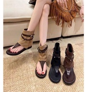 [Zendy.giay] Expensive Women's Boots High Collar Retro Flip-flops Rivet Belt Tassel Velvet Felt Sole