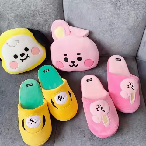 Anime BT21 Kawaii Plush Cotton Slippers Chimmy Cooky Women Fashion Spring Autumn Indoor Non-Slip Sli