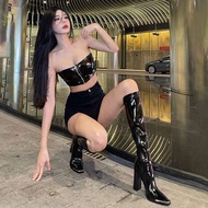 Twenty|Imposing Online Patent Leather Iron Toe But Knee Knight Boots (Heel Height 7or9cm)