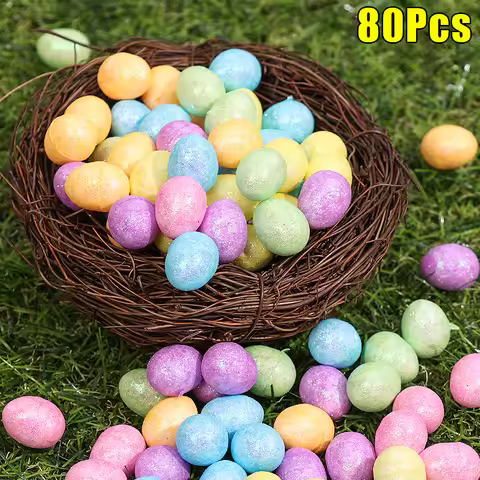 80/6Pcs Foam Eggs Happy Easter Colorful Eggs Ornaments DIY Garden Garland Craft Kids Gifts Home East