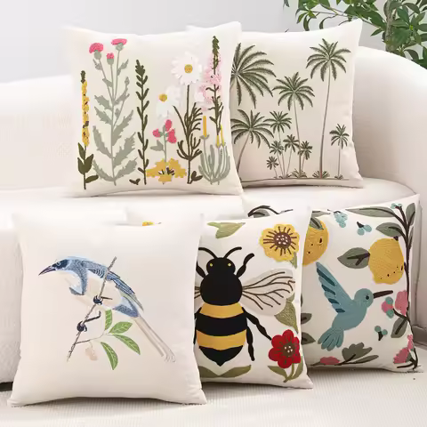 1 piece canvas embroidered throw pillow cover coconut tree summer flower bird bee cushion cover livi