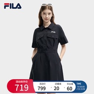 FILA 斐乐官方女子梭织连衣裙2024夏季新款时尚宽松翻领收腰裙子 正黑色-BK 165/84A/M