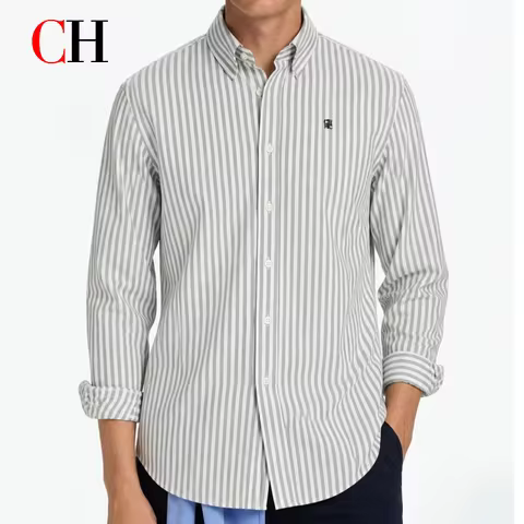 CH Mens Button Down Collar Thin Vertical Stripe Tiny Logo Embroidery Long Sleeve Office Daily Smart 