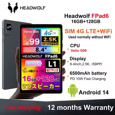 HEADWOLF FPad 6 Andorid 14 Gaming Tablet 8.4 inch 128GB ROM MTK Helio G99 Octa-core 4G SIM LTE 6500 