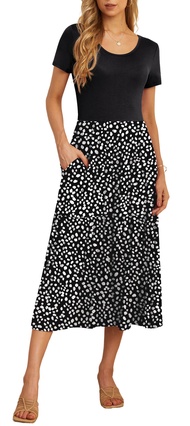 Women's Summer Casual Crewneck Short Sleeve Aline Tiered Flowy Maxi Dress with Pockets