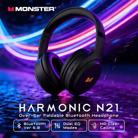 Monster Harmonic N21 Bluetooth 6.0 Headphones Dual EQ Mode Immersive Stereo Earphone Over-Ear Foldab