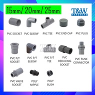 PVC Pipe Fitting (15mm/ 20mm/ 25mm) Valve Faucet P/T Equal Socket Elbow 90° 45° Tee V-Tank Connector Plug End Cap U Clip