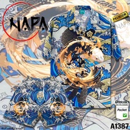 เสื้อฮาวาย ปลาคาร์ฟดำเหลืองม้วนคลื่น A1387 ผ้าไหมอิตาลีแท้