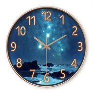 1pc Fantasy Blue Starry Sky & Mountain Sea Wall Clock Silent Japanese Quartz Round Plastic Clock wit